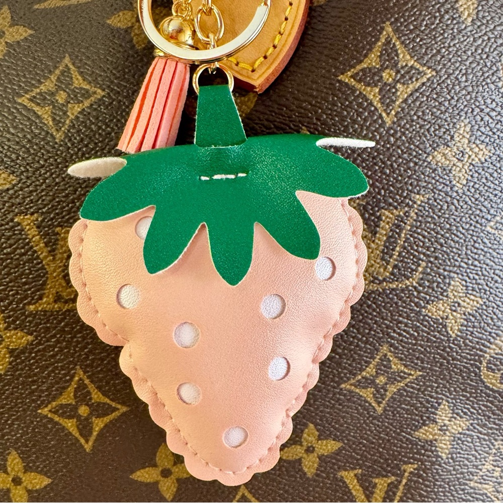 Baby Pink Strawberry Bag Charm Keychain Faux Leather